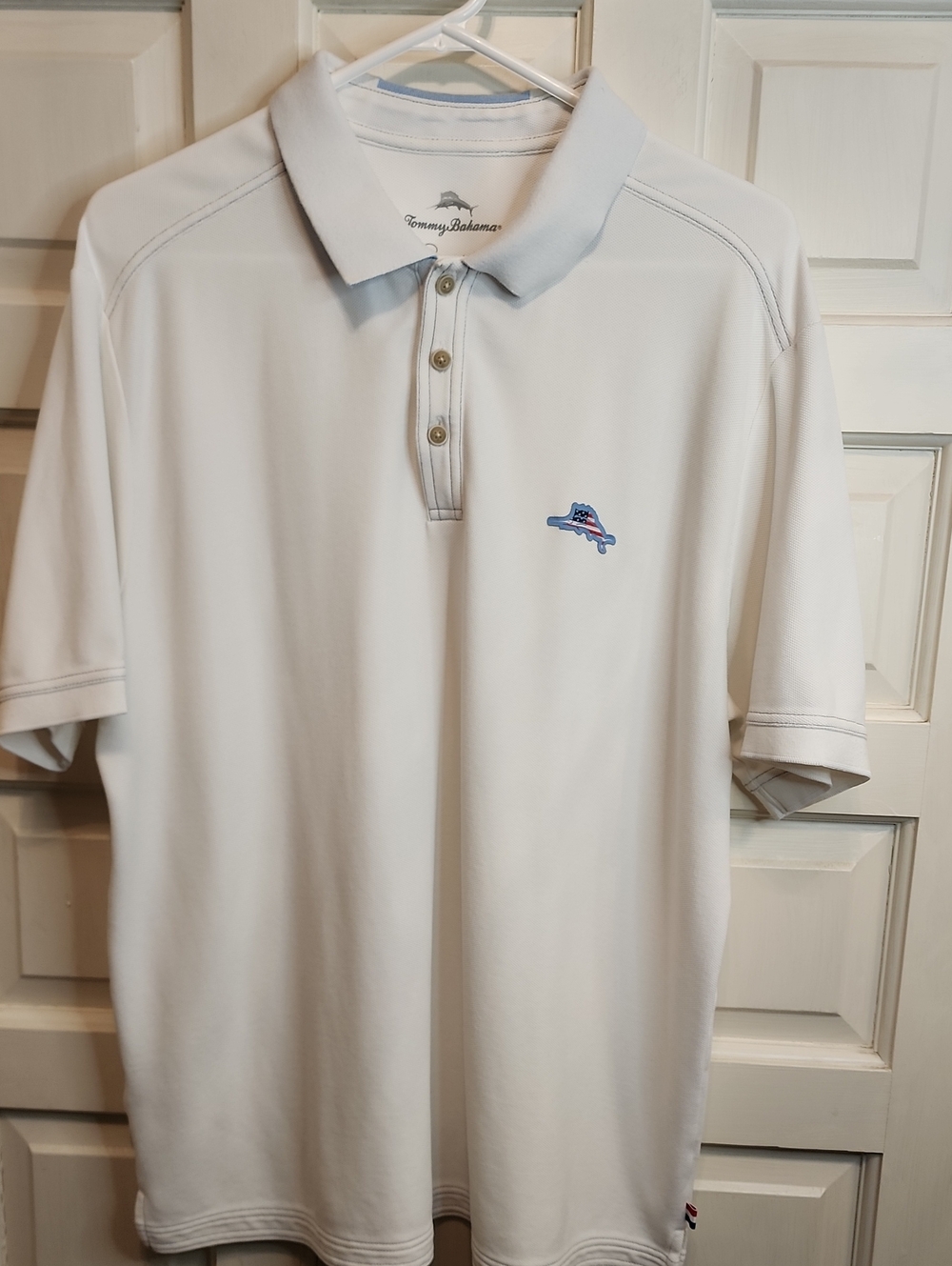 Tommy Bahama White Polo with Blue Marlin Embroidery And Flag Theme Marlin Logo